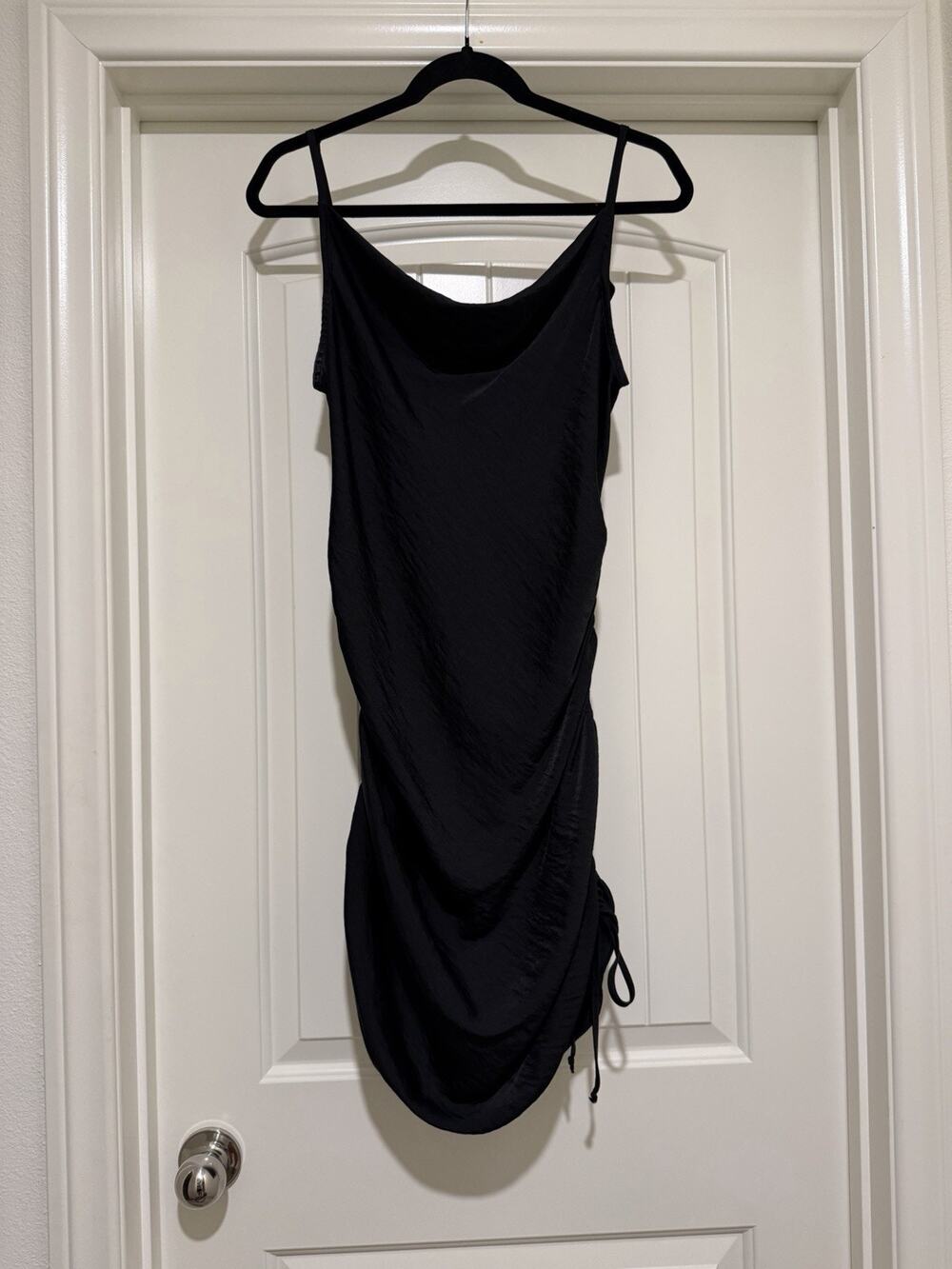 Express Women's Black Ruched Cowl Neck Spaghetti Strap Side Tie Dress Large